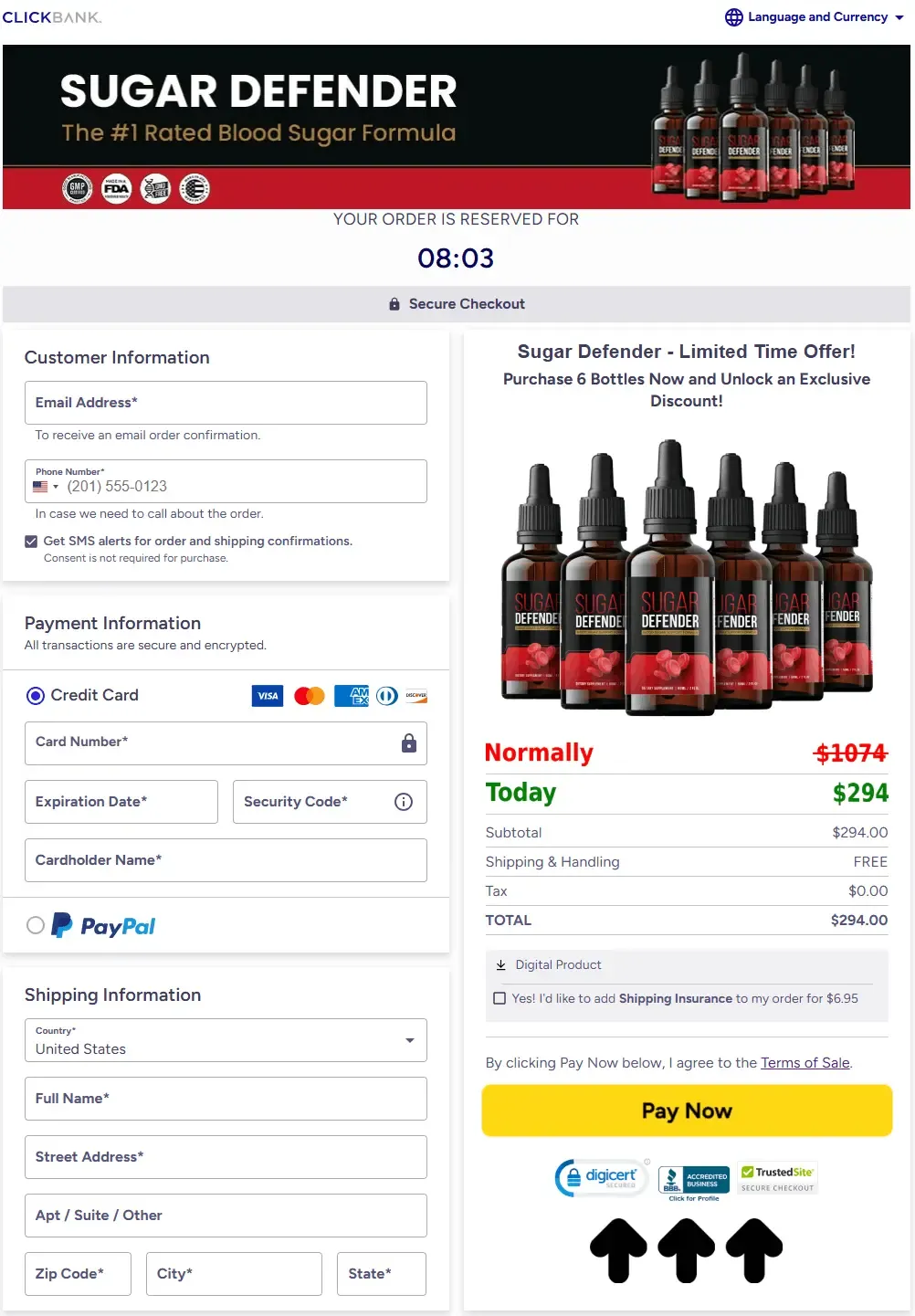 Sugar Defender checkout page example